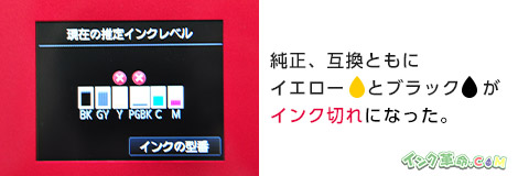 イエロー・ブラックともにインク切れ