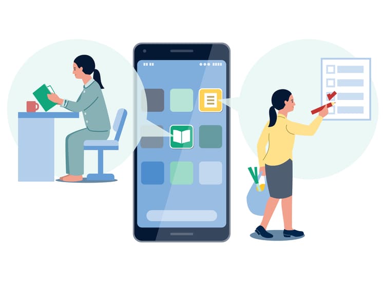 スマホ画面のモバイルアプリやコンテンツアイコンのベクターイラスト