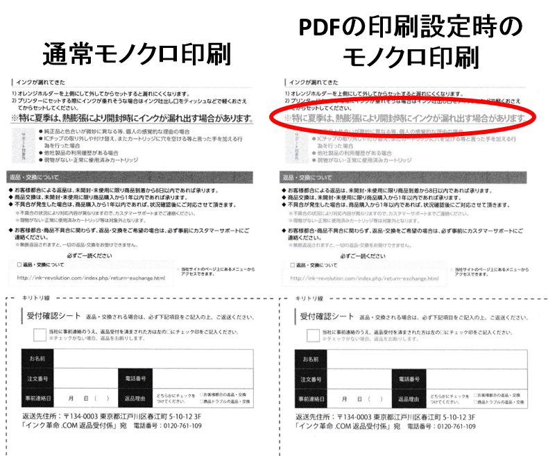 Pdfの機能でインク消費量を抑える設定をすると品質が変わる