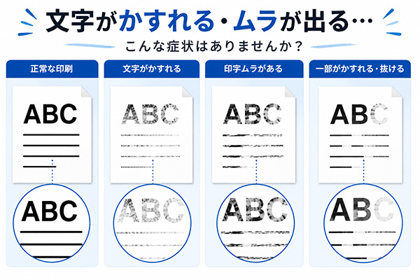 レーザープリンターの文字かすれ・印字ムラの症状比較