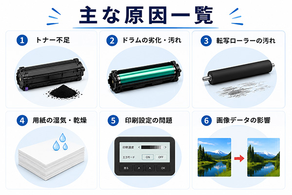レーザープリンターの文字かすれ・印字ムラの主な原因一覧