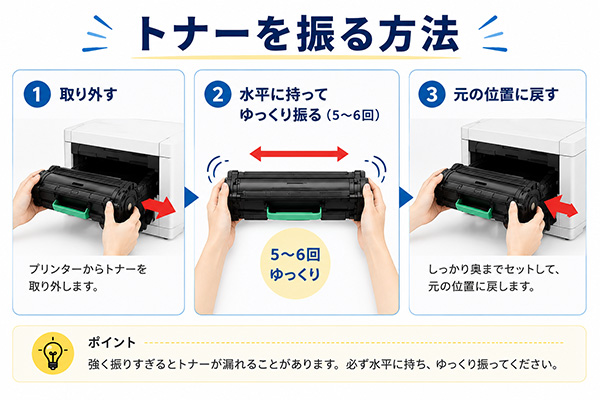 トナーカートリッジを水平に持って振る方法